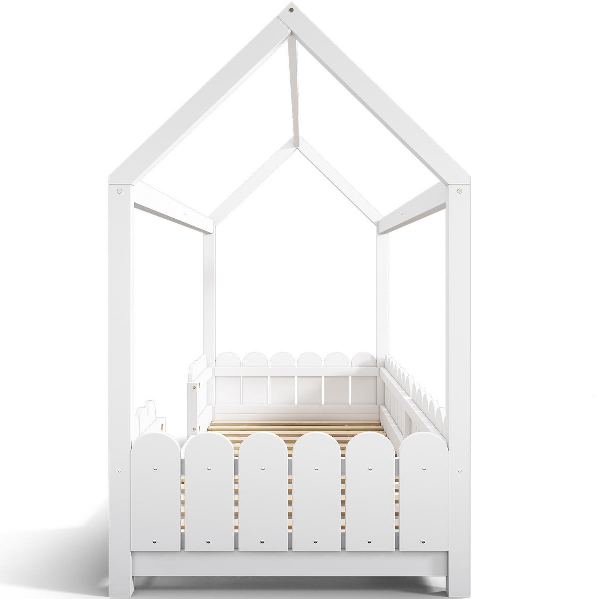 HAUSBETT 90/200 cm in Weiß – mit Dach und Rausfallschutz - Weiß, Holz (90/200cm) - BEAOK