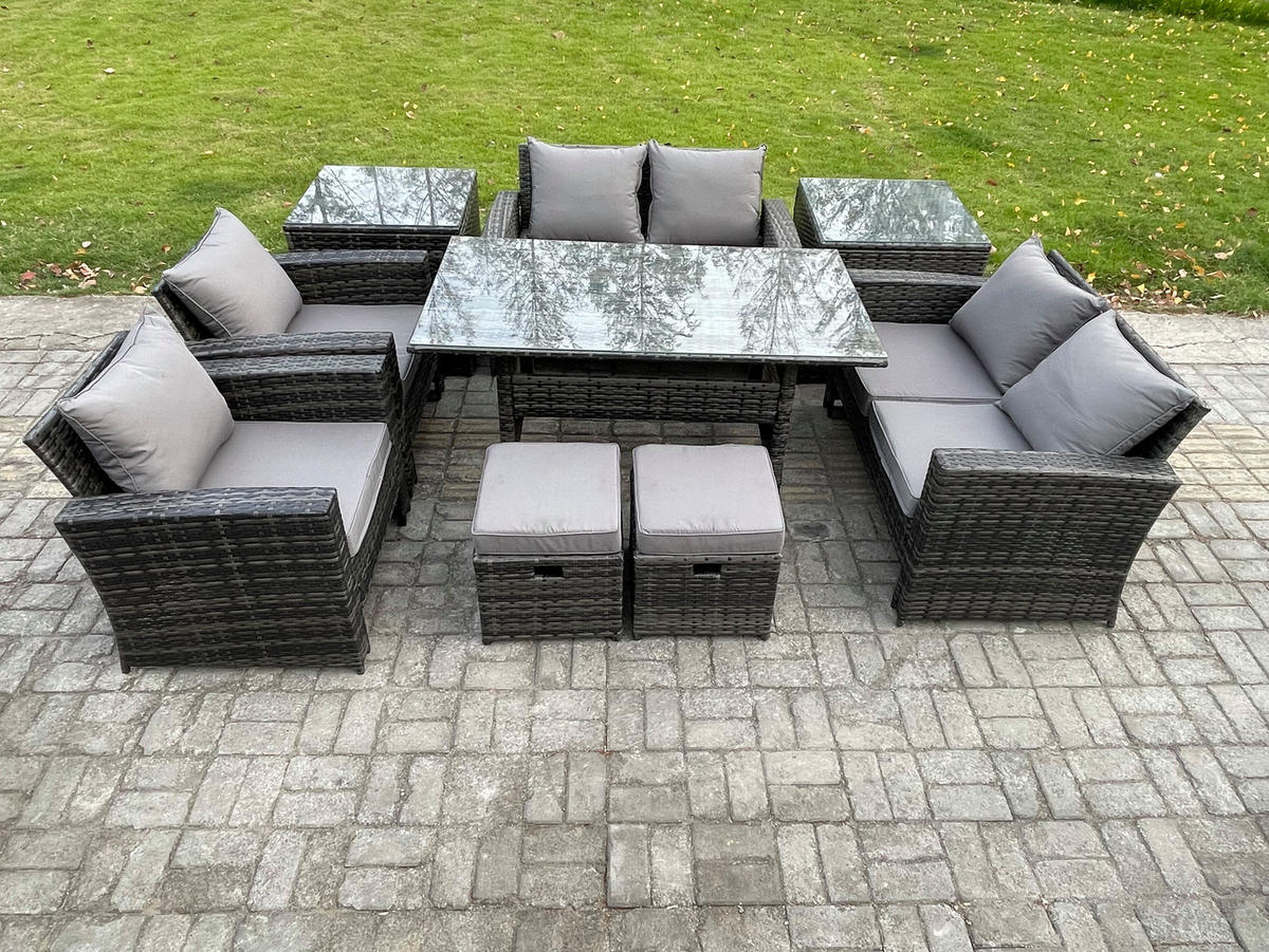 GARTENMÖBELSET mit 2 Sesseln,2 Zweisitzer,2 kleine Fußhocker,Esstisch,2 Beistelltischen Polyrattan Dunkelgrau 8-Sitzer - Dunkelgrau/Grau, Glas/Kunststoff - Fimous