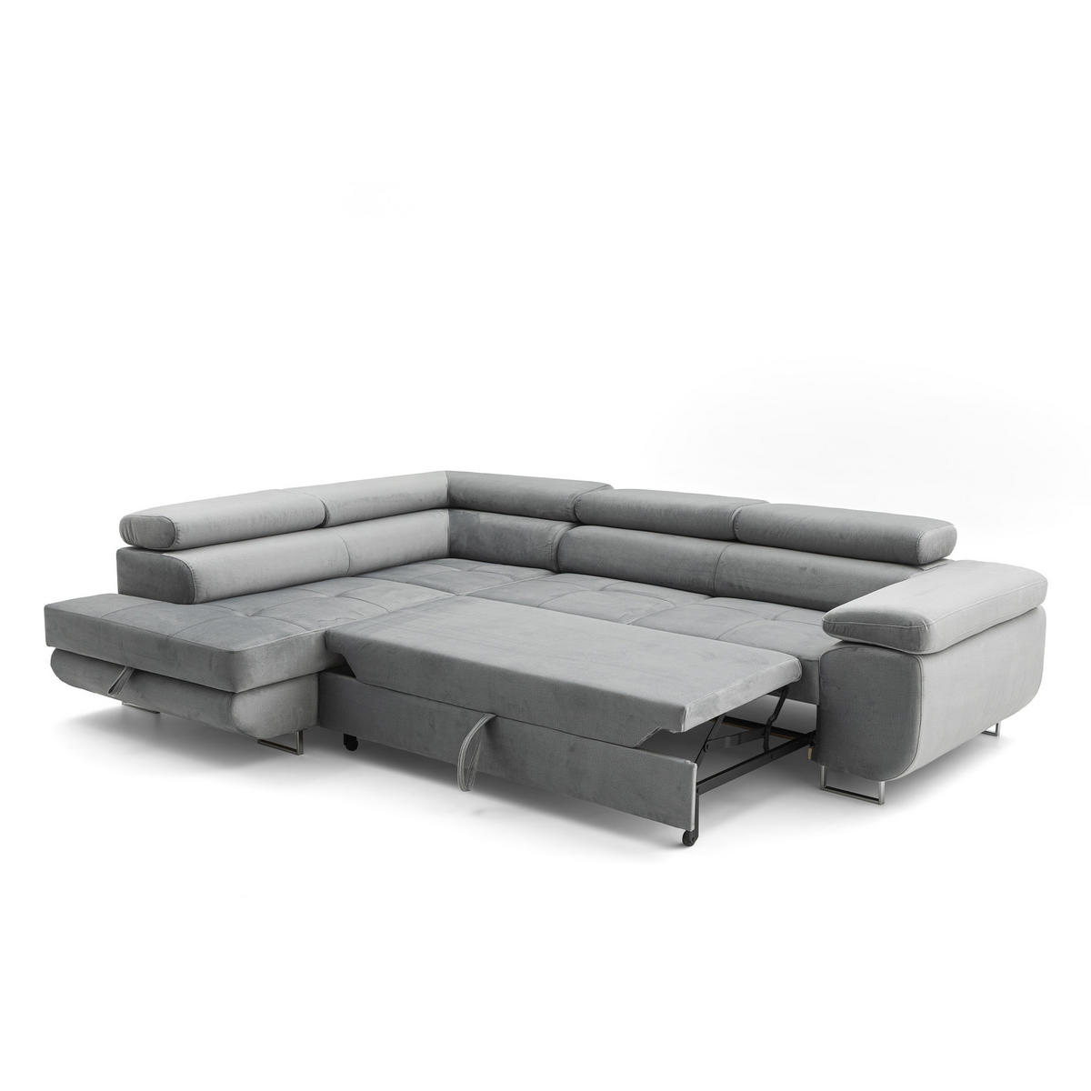 ECKSOFA WILD L Links mit Schlaffunktion 127x195 Velours Grau - Chromfarben/Grau, Holz/Textil (203/274cm) - Muffo