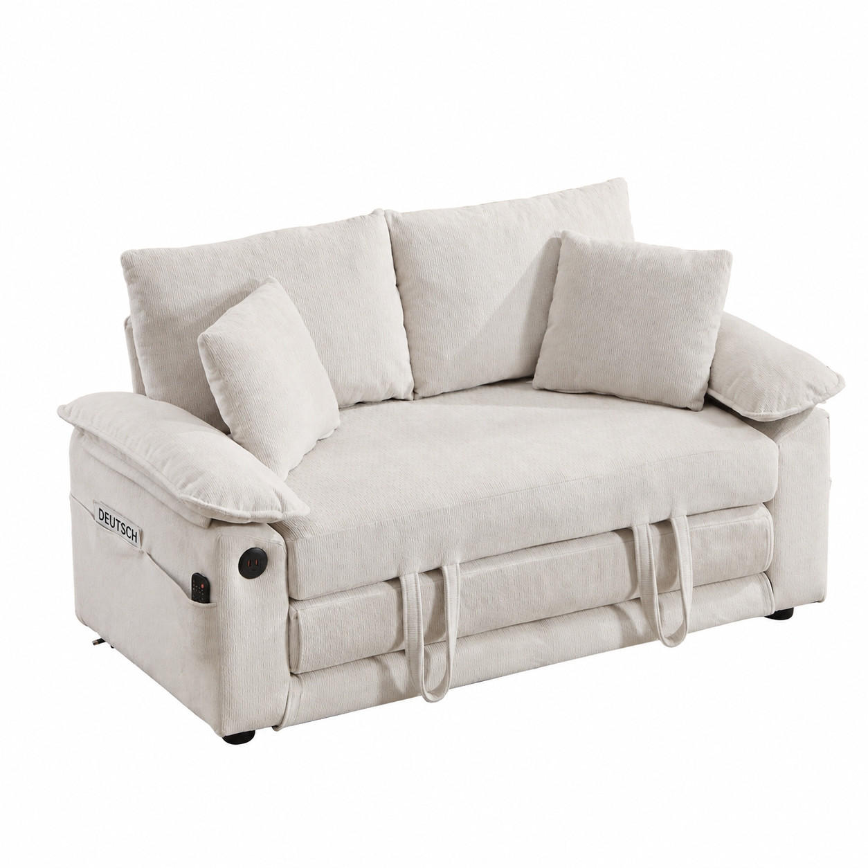 SCHLAFSOFA 138/66/80 cm Weiß Chenille mit Ausziehbares Bett und Seitentaschen - Weiß, Textil (66/80/135cm) - Oxeza