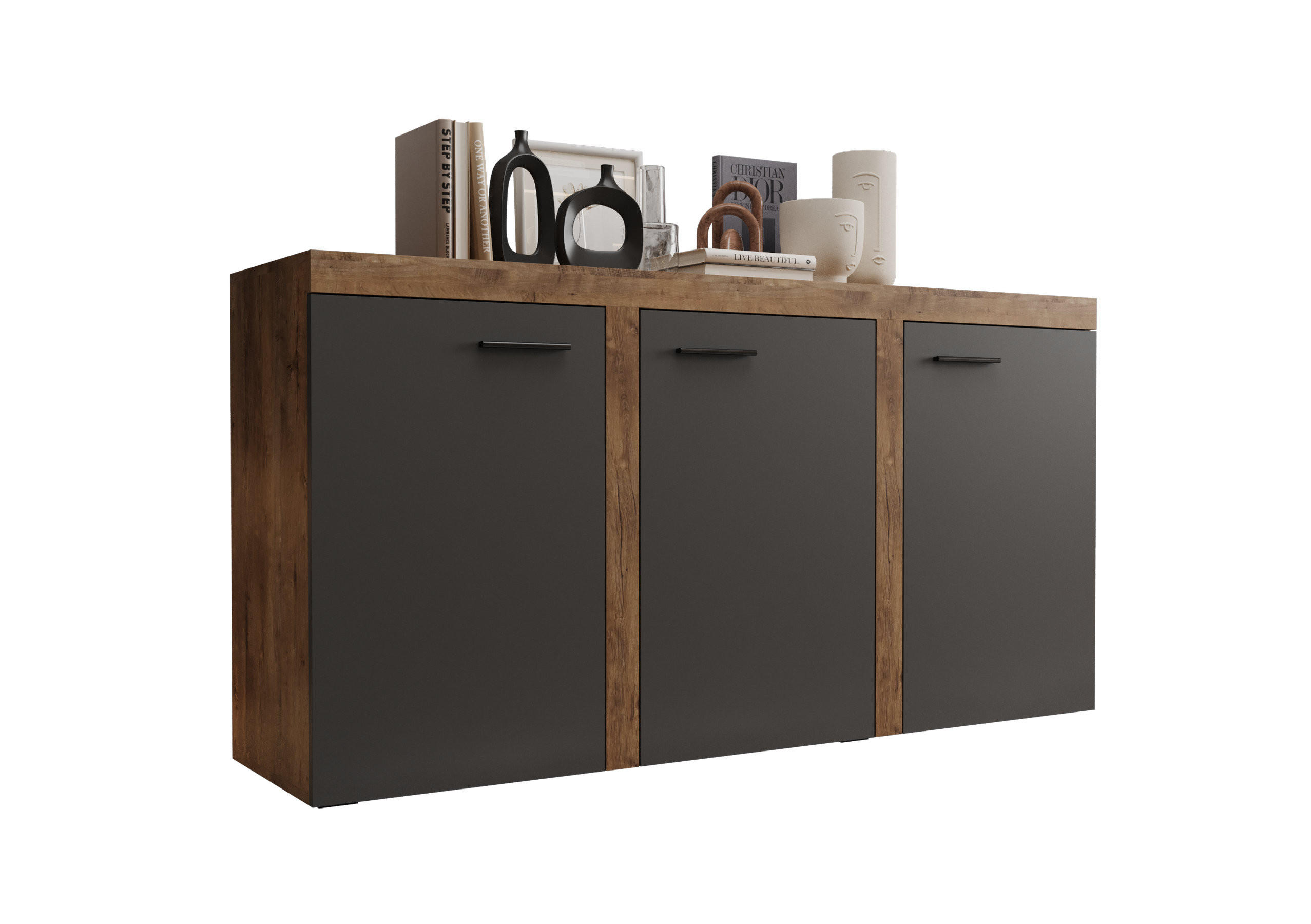 KOMMODE London LRXK mit 3 Türen, Sideboard in Farbe: Dunkelgrau|Braun, Größe: 149 x 82 x 40 cm - Dunkelgrau/Braun, Holzwerkstoff (149/82/40cm) - O-Sofa