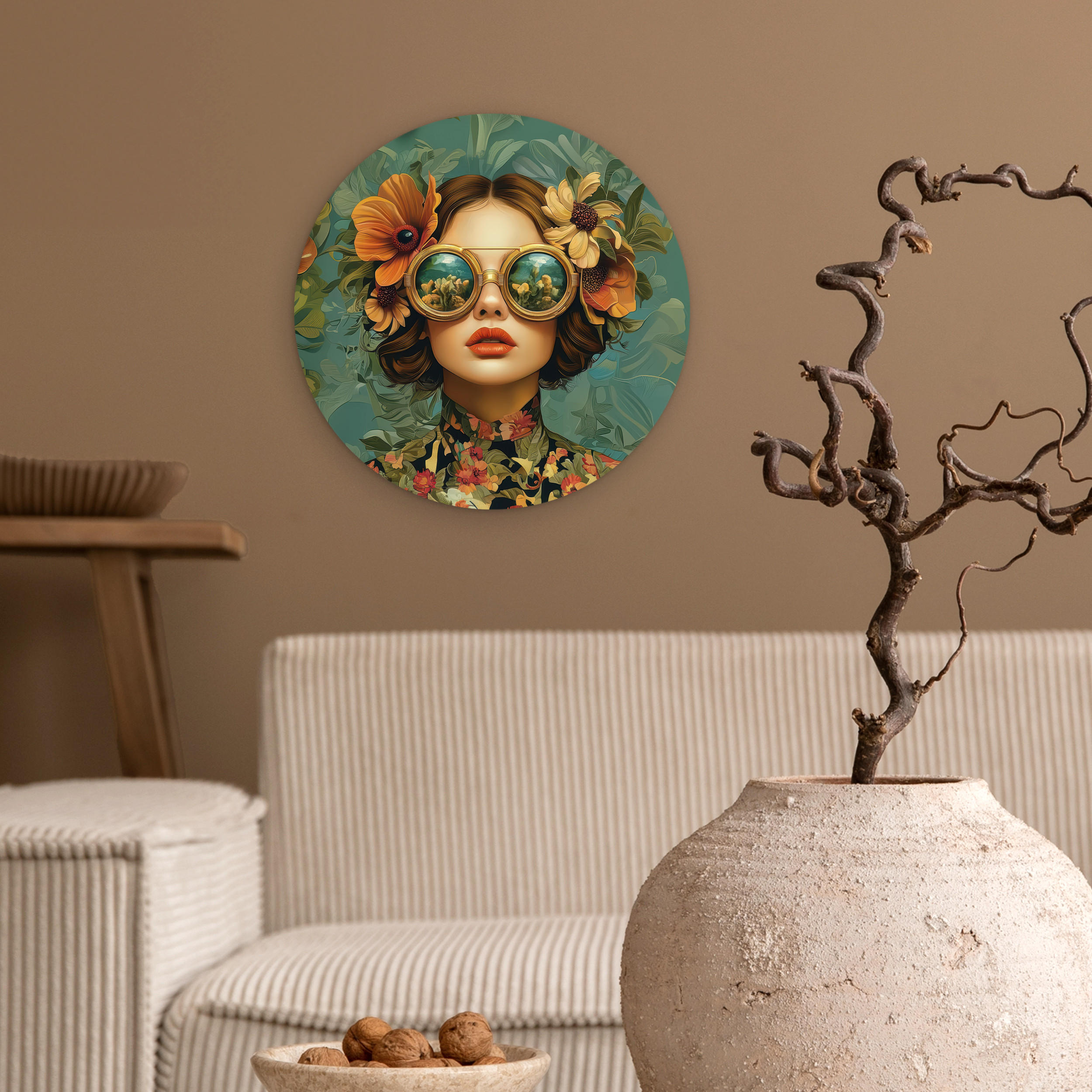 WANDBILD Frau - Blumen - Schmetterlinge - Natur - Vintage 30x30 cm - Petrol, Kunststoff (30/30cm) - MuchoWow