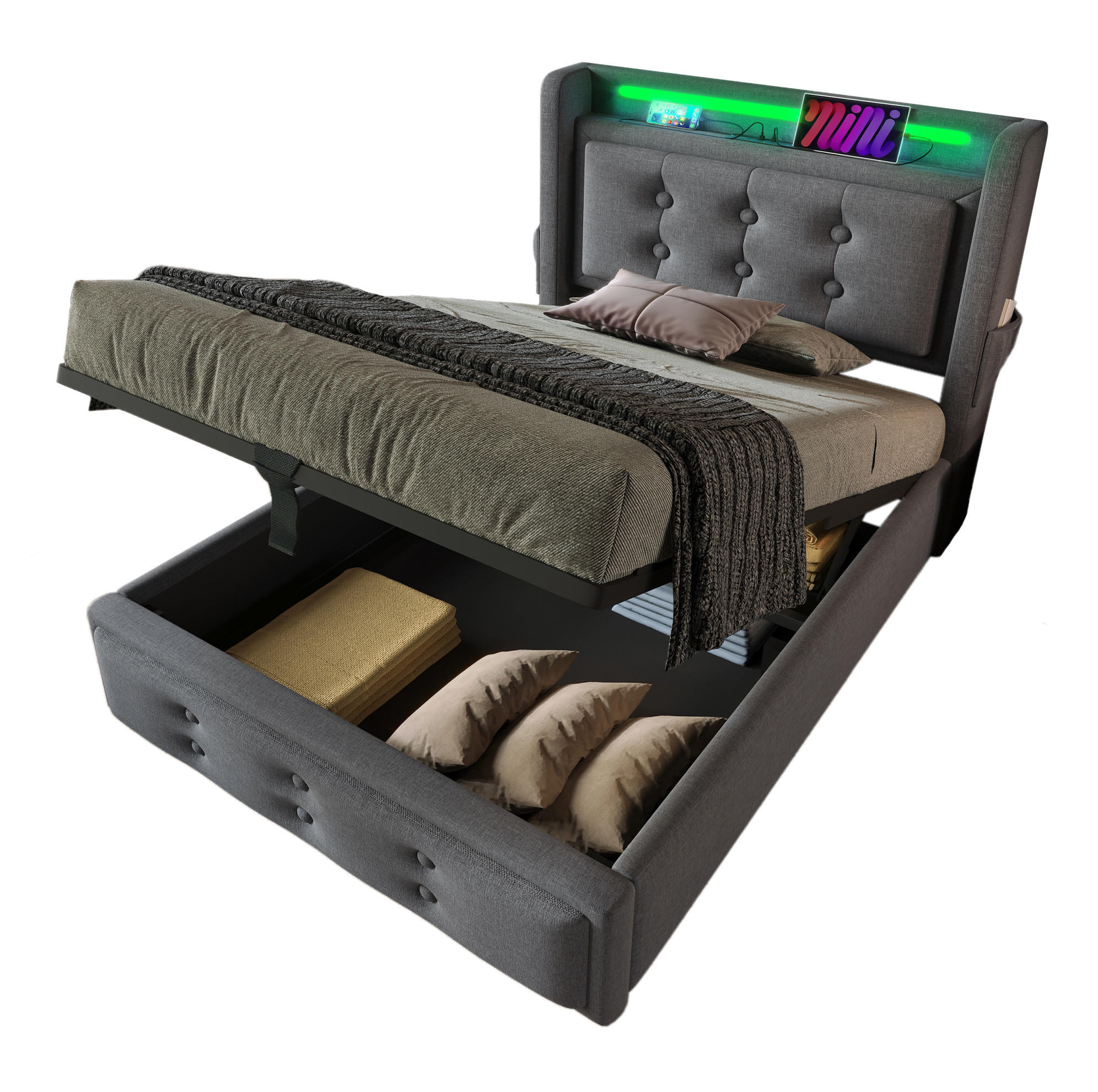 POLSTERBETT 90/200 cm Grau mit LED, Bettkasten und USB- und Type-C-Anschlüssen - Grau, Textil (90/200cm) - Flora Grace