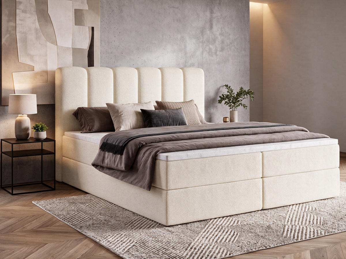 BOXBET NOLARO 160x200 cm Komplett-Set mit Bettkasten, Bonell-Matratze und Topper, Bouclé Creme - Creme, Textil (160/200cm) - Luxkor24