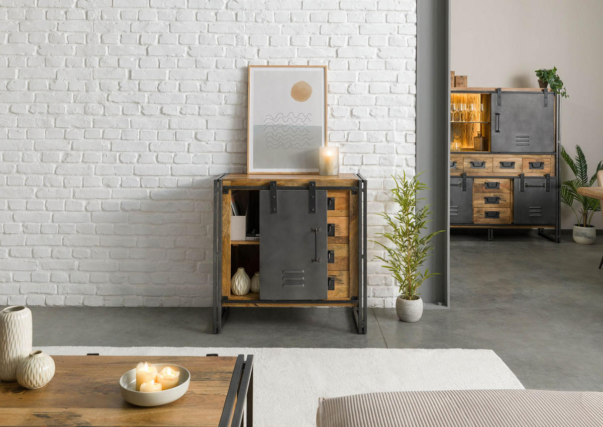 KOMMODE Mango 90x45x90 natur lackiert / Metall grau BLACKBURN #308 - Naturfarben, Holz (90/90/45cm) - Massivmoebel24