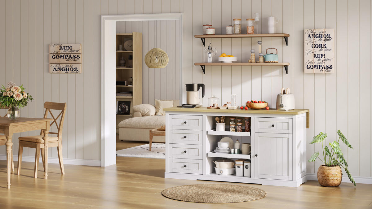 SIDEBOARD mit 5 Schubladen, 2 Ausziehböden und klappbarer Erweiterungsplatte, integrierte Steckdosen, 150/65/75 cm, Weiß und Natur - Weiß, Holzwerkstoff (150/75/65cm) - Redom