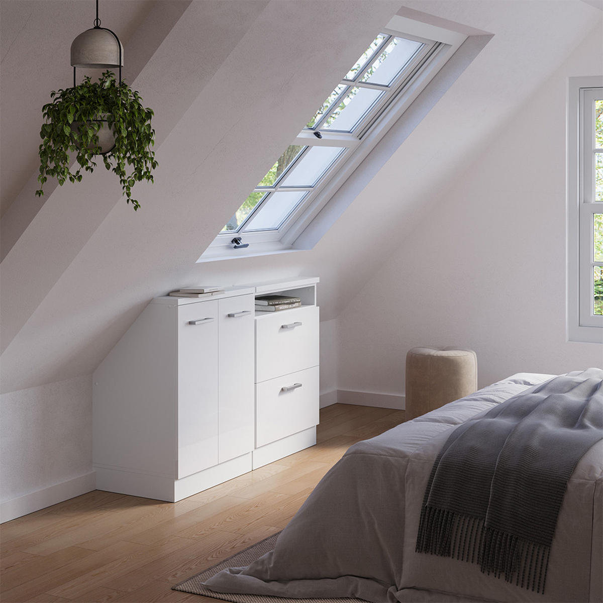 DACHSCHRÄGENSCHRANK-SET Rion Weiß Hochglanz/Weiß 2er Set - Weiß Hochglanz/Weiß, Holzwerkstoff (120/81.6/46cm) - Vicco