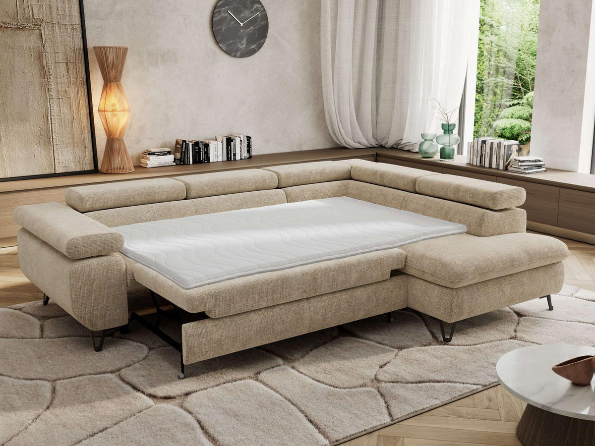 ECKSOFA PABLO L Beige Schenille grob gewebt - Rechts Seite - Beige/Schwarz, Textil/Metall (273/208cm) - MKS