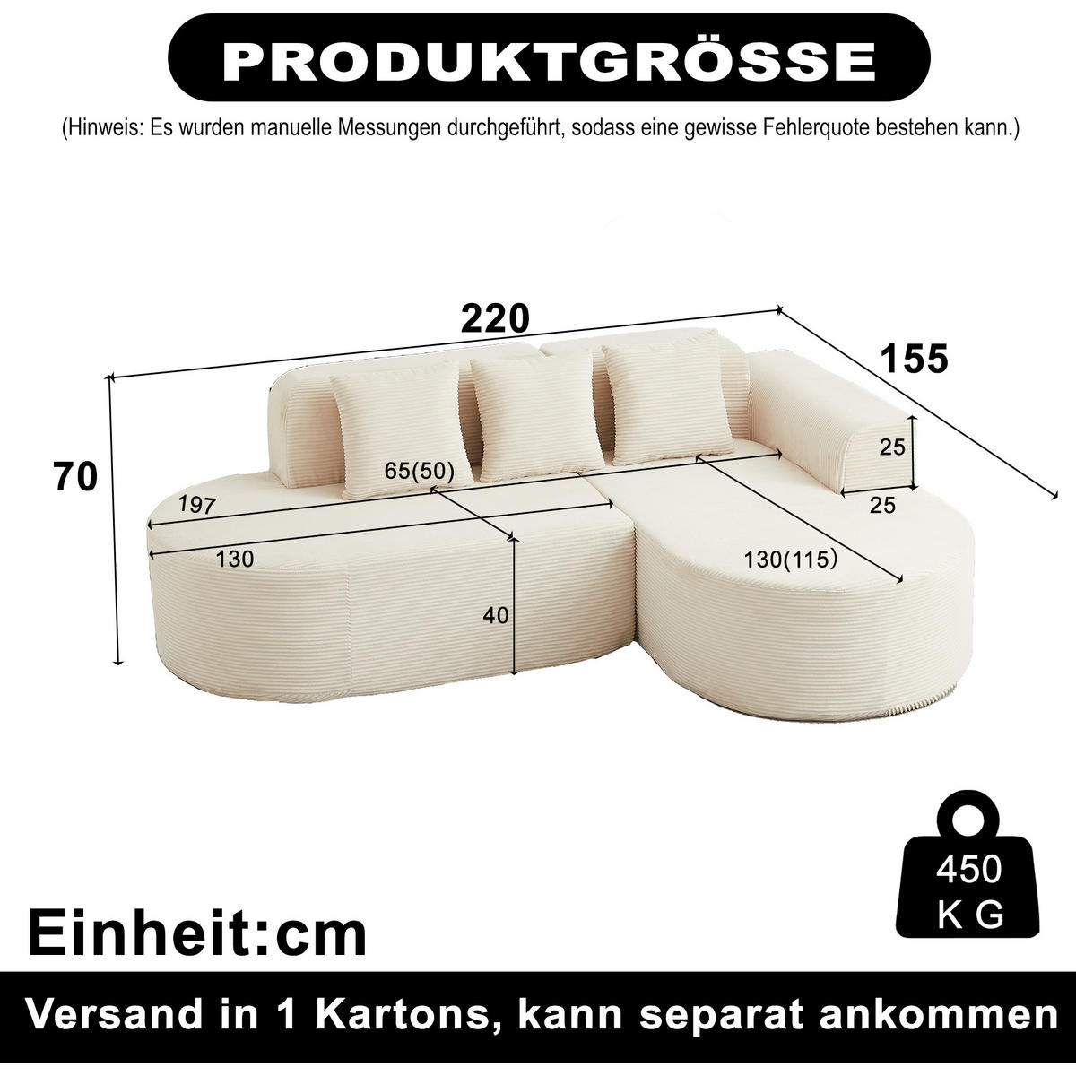 ECKSOFA 220/155/70 cm Beige Cord mit 3 Kissen, Rechte Seite - Beige, Textil (220/155cm) - Oxeza