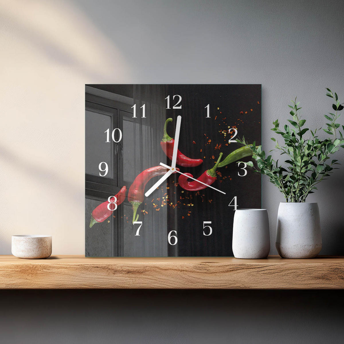 WANDUHR 30x30 cm - Chilischoten - Schwarz, Glas (30/30/0.4cm) - TULUP