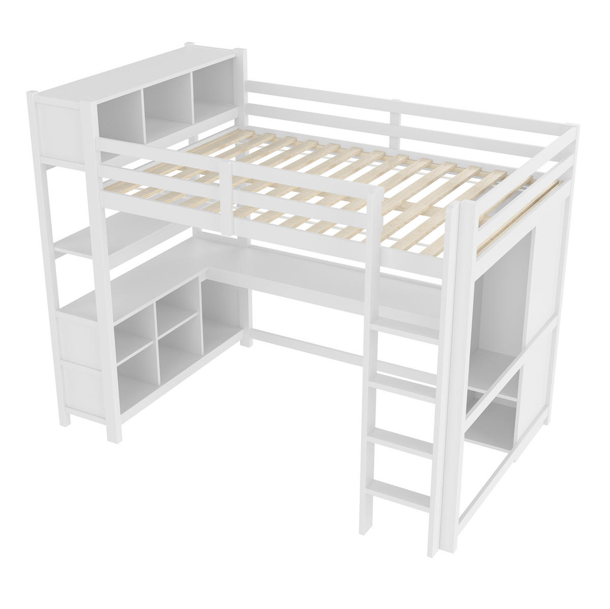 HOCHBETT 140/200 cm aus Kiefernholz und MDF mit Schreibtisch, Regalen und Kleiderschrank Weiß - Weiß, Holz (140/200cm) - Modenvie