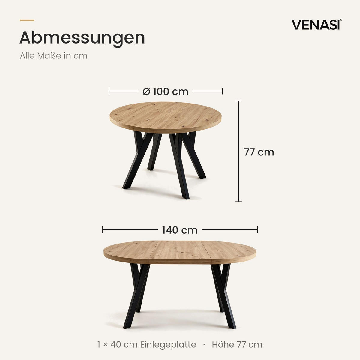 ESSTISCH ausziehbar rund 100-140 cm ATO Aristan, Auszugstisch mit Einlegeplatte - Dunkelbraun/Schwarz, Holzwerkstoff (100/100/77cm) - VENASI MÖBEL