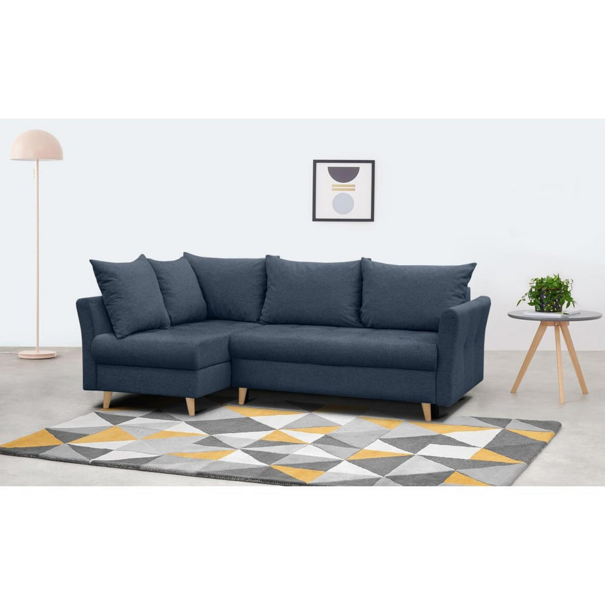 ECKSCHLAFSOFA Neron mit 2 Bettkasten und Beine in Buchefarbe, Dunkelblau, links - Buchefarben/Dunkelblau, Textil (233/148cm) - Beautysofa