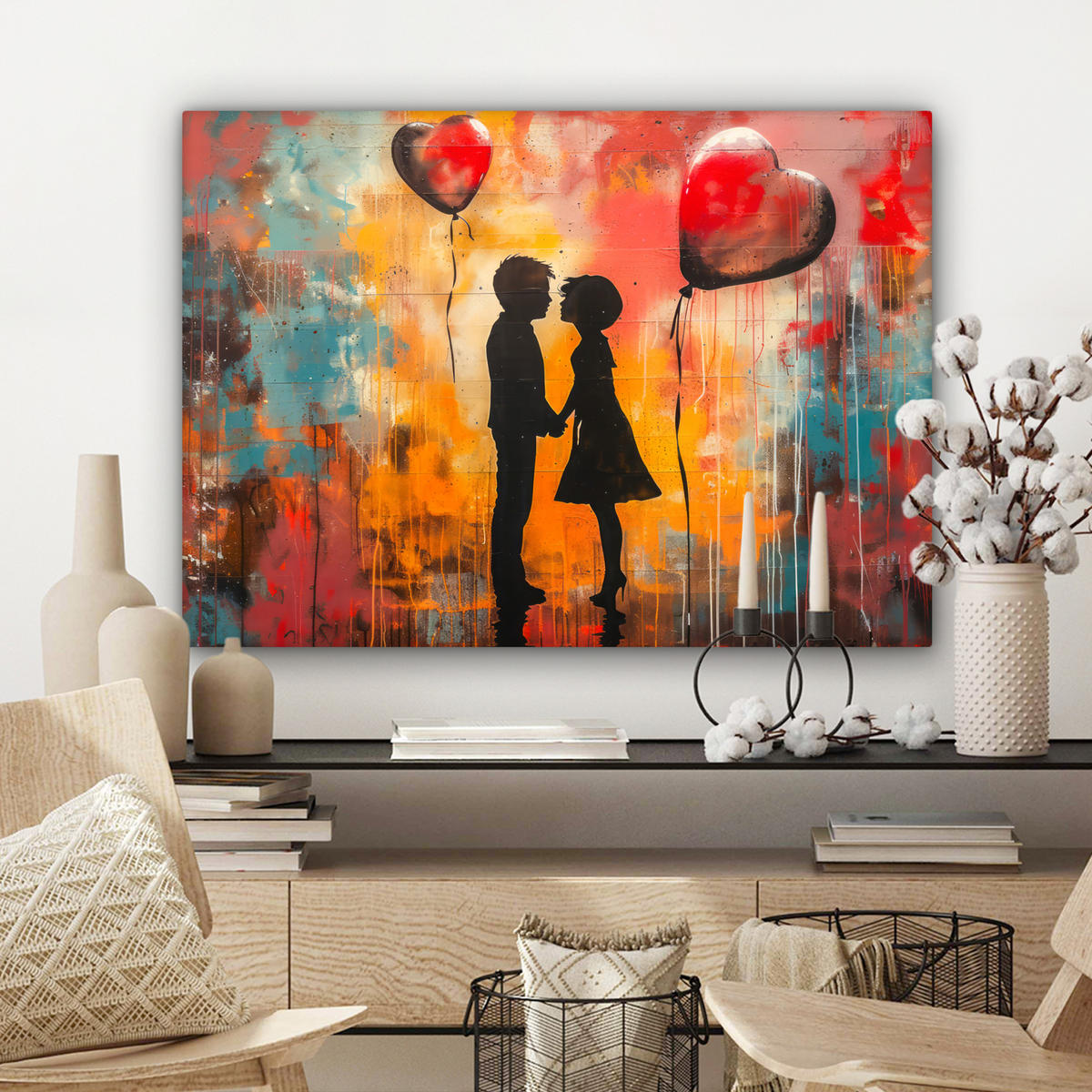 LEINWANDBILD Straßenkunst - Liebe - Graffiti - Kunst - Banksy Wandbilder 80x60 cm - Orange, Textil (80/60cm) - MuchoWow