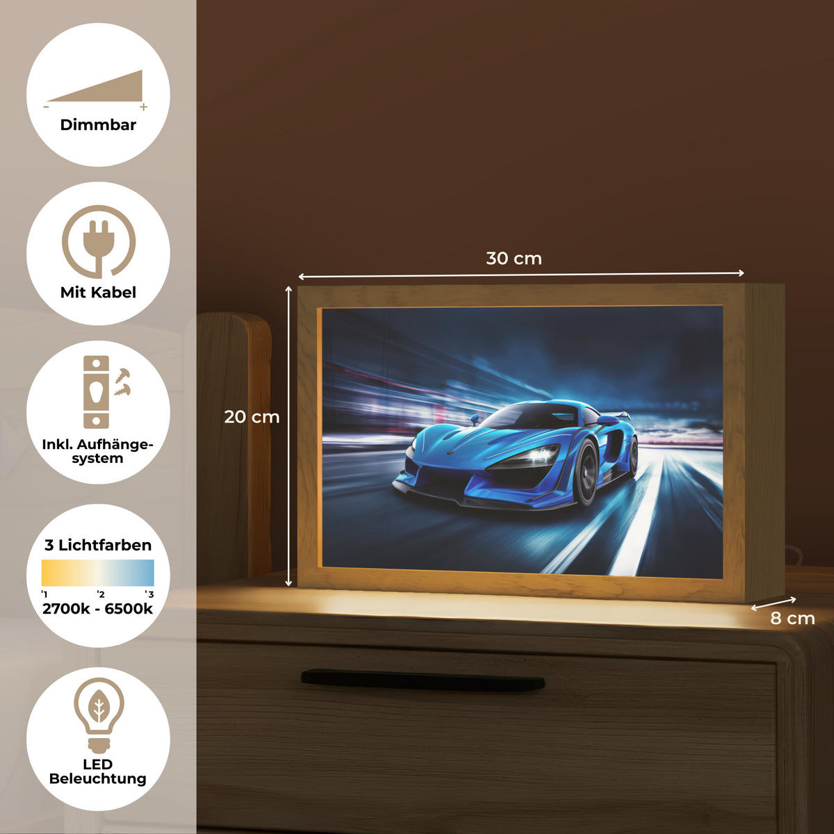 NACHTTISCHLAMPE Auto - Blau - Jungen - Kind 30x20 cm - Blau, Holzwerkstoff (8/30/20cm)