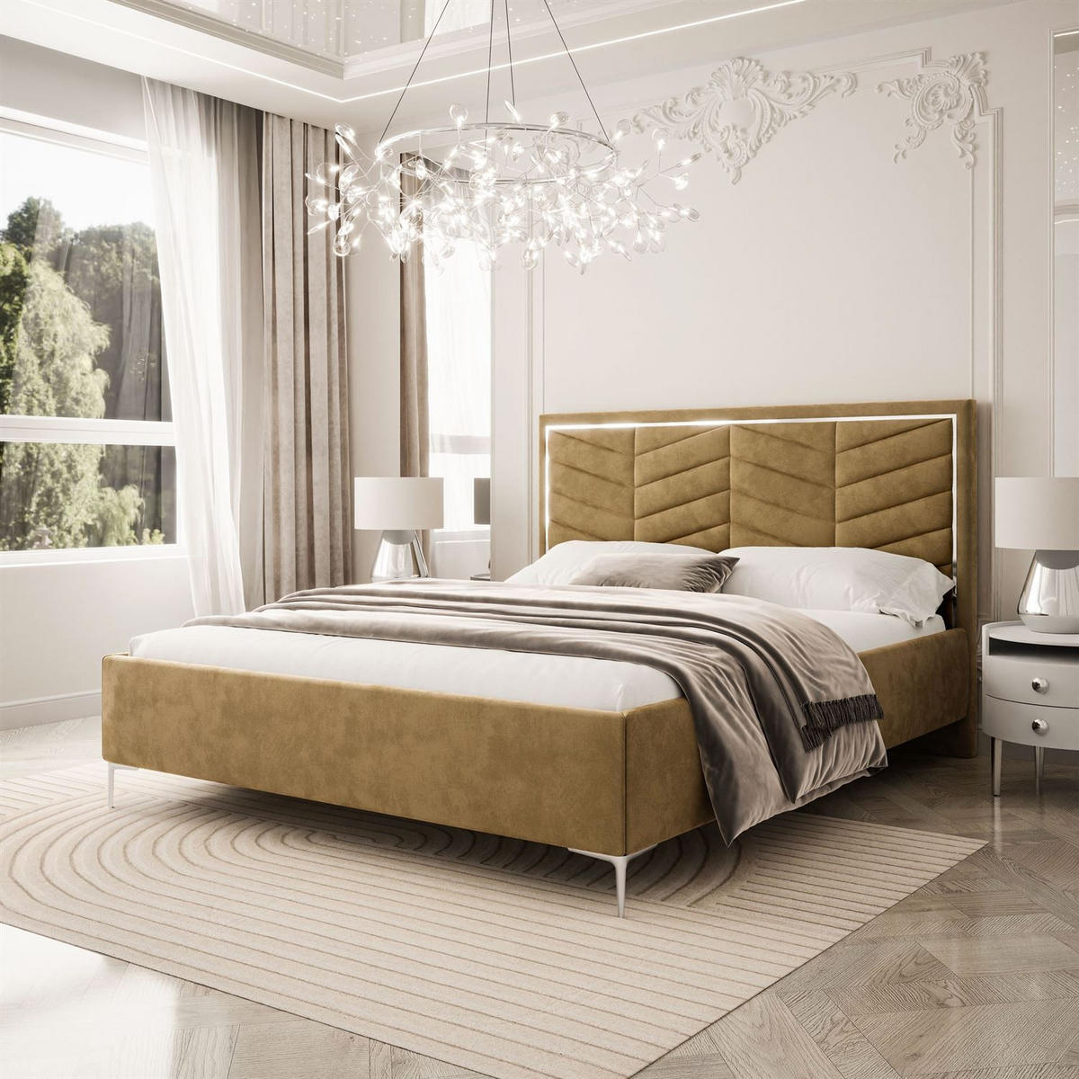 POLSTERBETT AURORA II 140x200 mit Bettkasten French Velvet 654 - Gelb, Textil (140/200cm) - Lookway