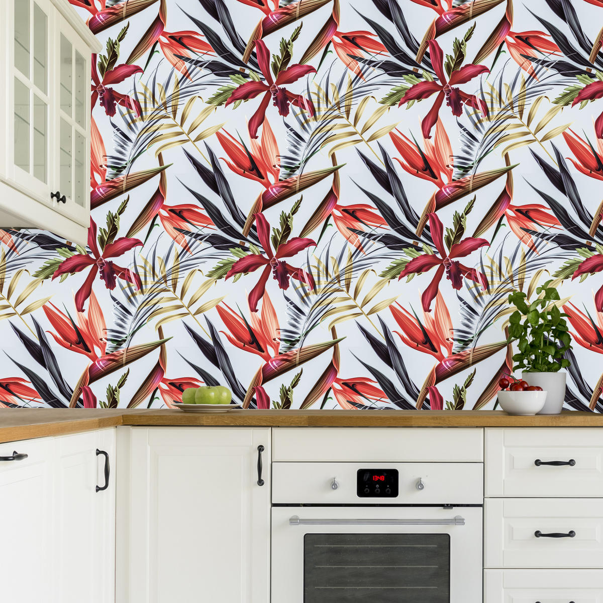 VLIESTAPETE Tropische Dschungelblüten – Rot, Grün, Weiß – 50x1000 cm - Rot/Weiß, Papier (50/1000cm) - Muralo