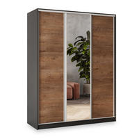 SCHWEBETÜRENSCHRANK SORE 150/205/58 cm 3-türig mit Spiegel und Schubladen Schwarz / Eiche Lefkas - Eichefarben/Silberfarben, Holzwerkstoff (150/205/58cm) - MASSENO