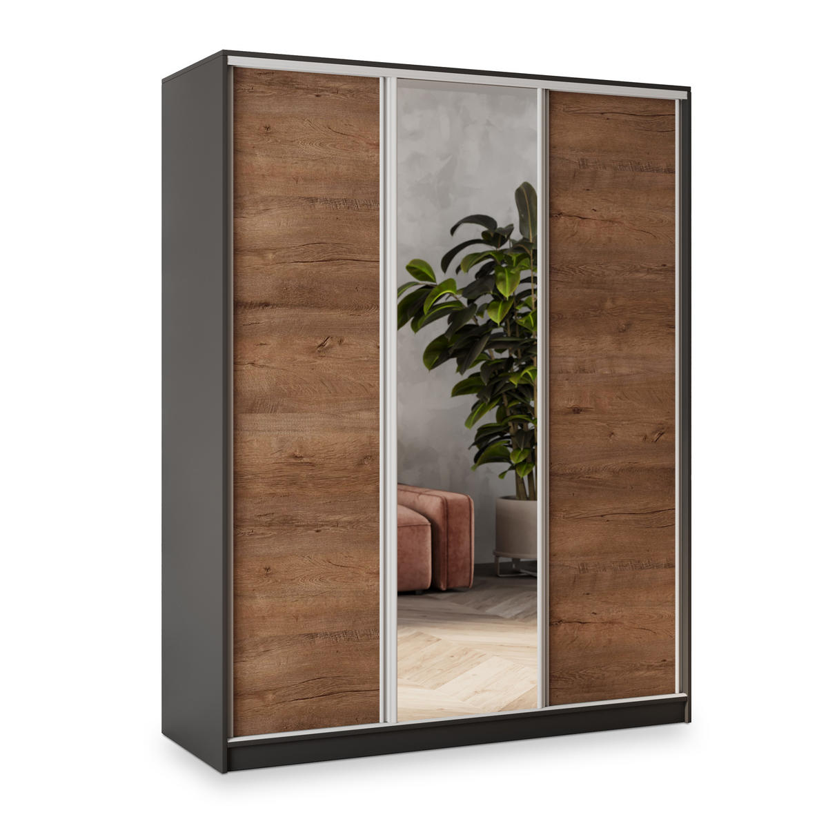 SCHWEBETÜRENSCHRANK SORE 150/205/58 cm 3-türig mit Spiegel und Schubladen Schwarz / Eiche Lefkas - Eichefarben/Silberfarben, Holzwerkstoff (150/205/58cm) - MASSENO