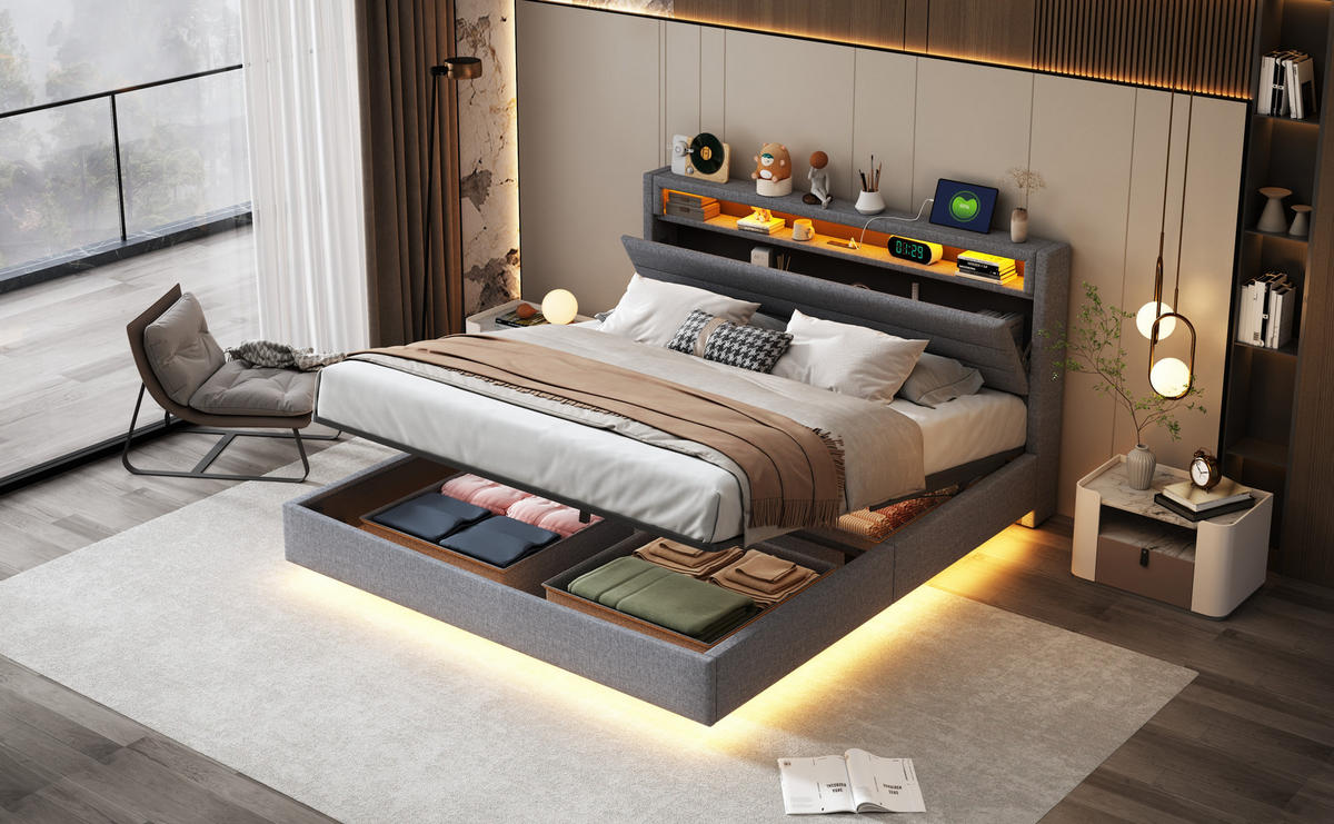 POLSTERBETT 160x200 cm LED USB Stauraum grau - Grau, Textil (160/200cm) - LEBENLANG