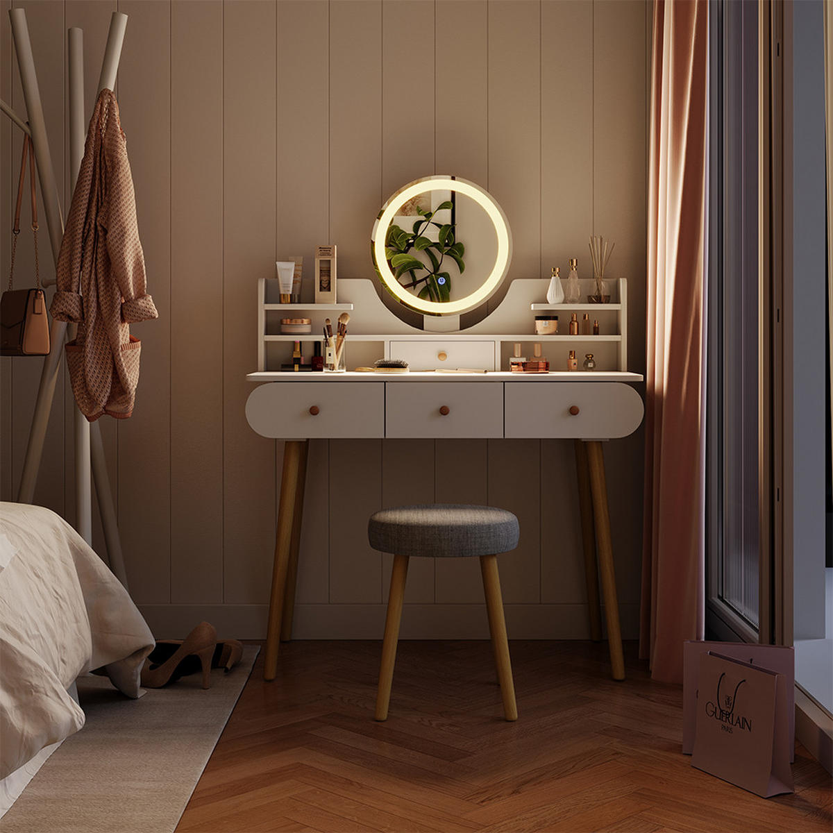 SCHMINKTISCH Edda Weiß 100 cm mit LED-Spiegel und Hocker - Weiß, Holzwerkstoff (100/130/40cm) - Vicco