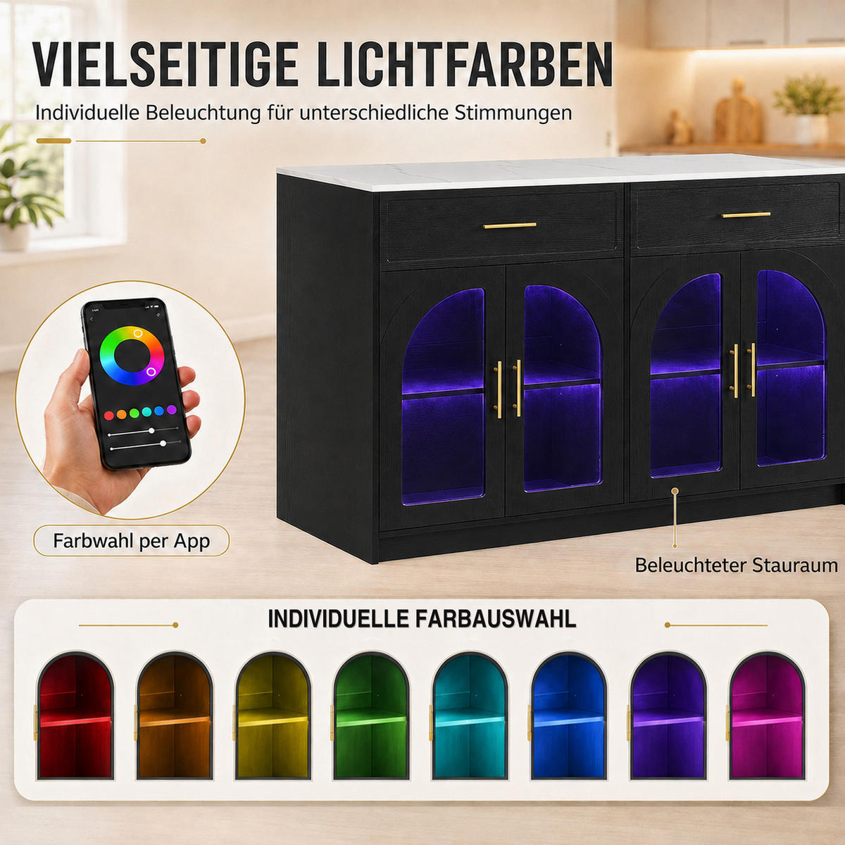 KÜCHENINSEL DE-41097 135/55/91 cm mit LED-Beleuchtung Schwarz - Schwarz, Holzwerkstoff (135/91/55cm) - ComfortXL