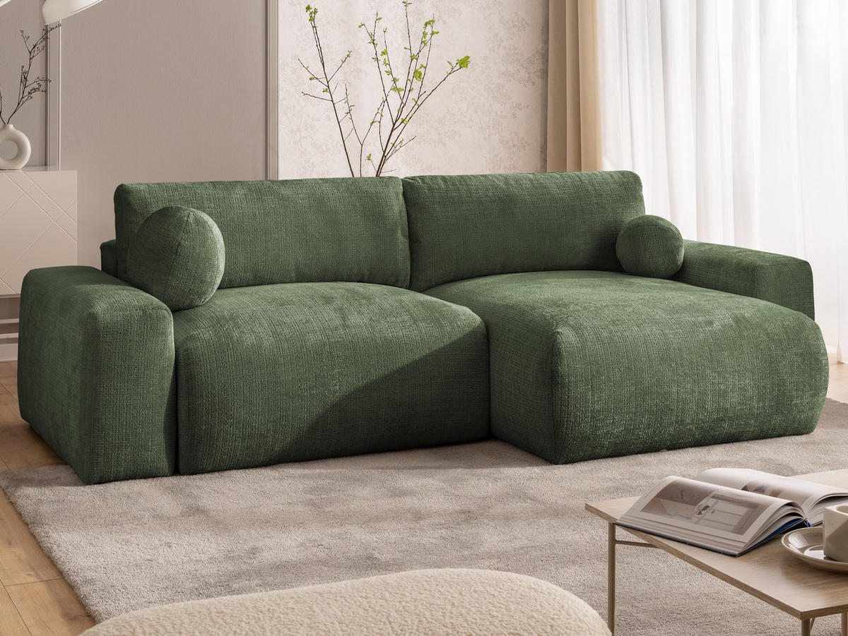 ECKSOFA Puffy mit Schlaffunktion und Bettkasten - besonders weich und puffig aus Grün Chenille-Stoff - Ottomane rechts - Schwarz/Grün, Holz/Kunststoff (266/138cm) - S-Style Möbel