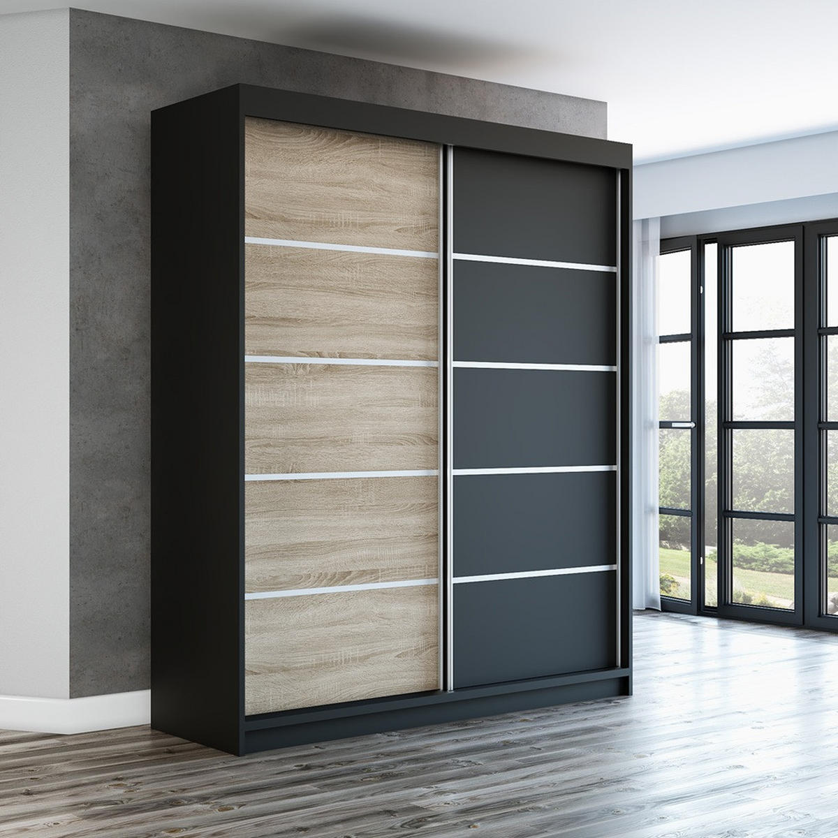 SCHWEBETÜRENSCHRANK 180 CM TREND Farbe: Schwarz , sonoma , schwarz - Schwarz/Braun, Holzwerkstoff (180/215/59.5cm) - A&J MöbelLand