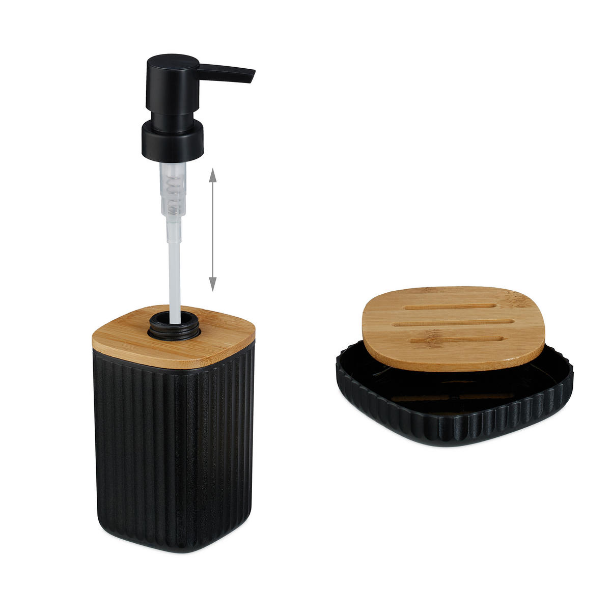 BADEZIMMER-SET 6-tlg. - Schwarz, Holz/Kunststoff (18/27/18cm) - Relaxdays