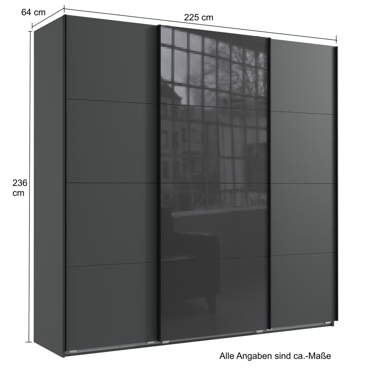 SCHWEBETÜRENSCHRANK 3-türig extrahoch in Grafit, eine Tür mit Glasfront Grau, B225/H236/T64 cm / 22544 - Schwarz/Graphitfarben, Holzwerkstoff/Metall (225/236/64cm) - luma-home