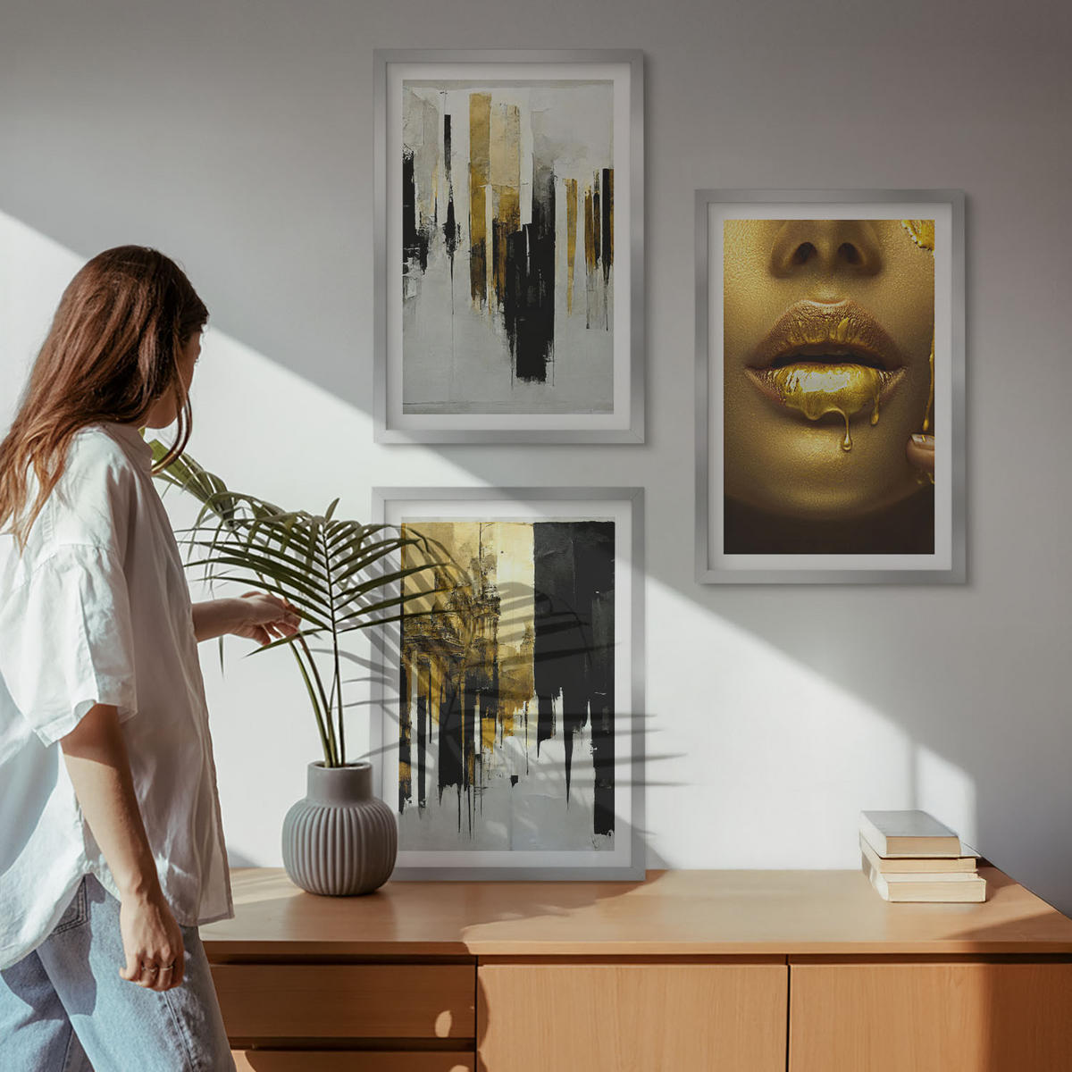 WANDBILDER 3er Set - 40x60 cm Silberner Rahmen - Abstrakte Porträtmalerei - Silberfarben, Kunststoff (40/60cm) - ArtPrintCave