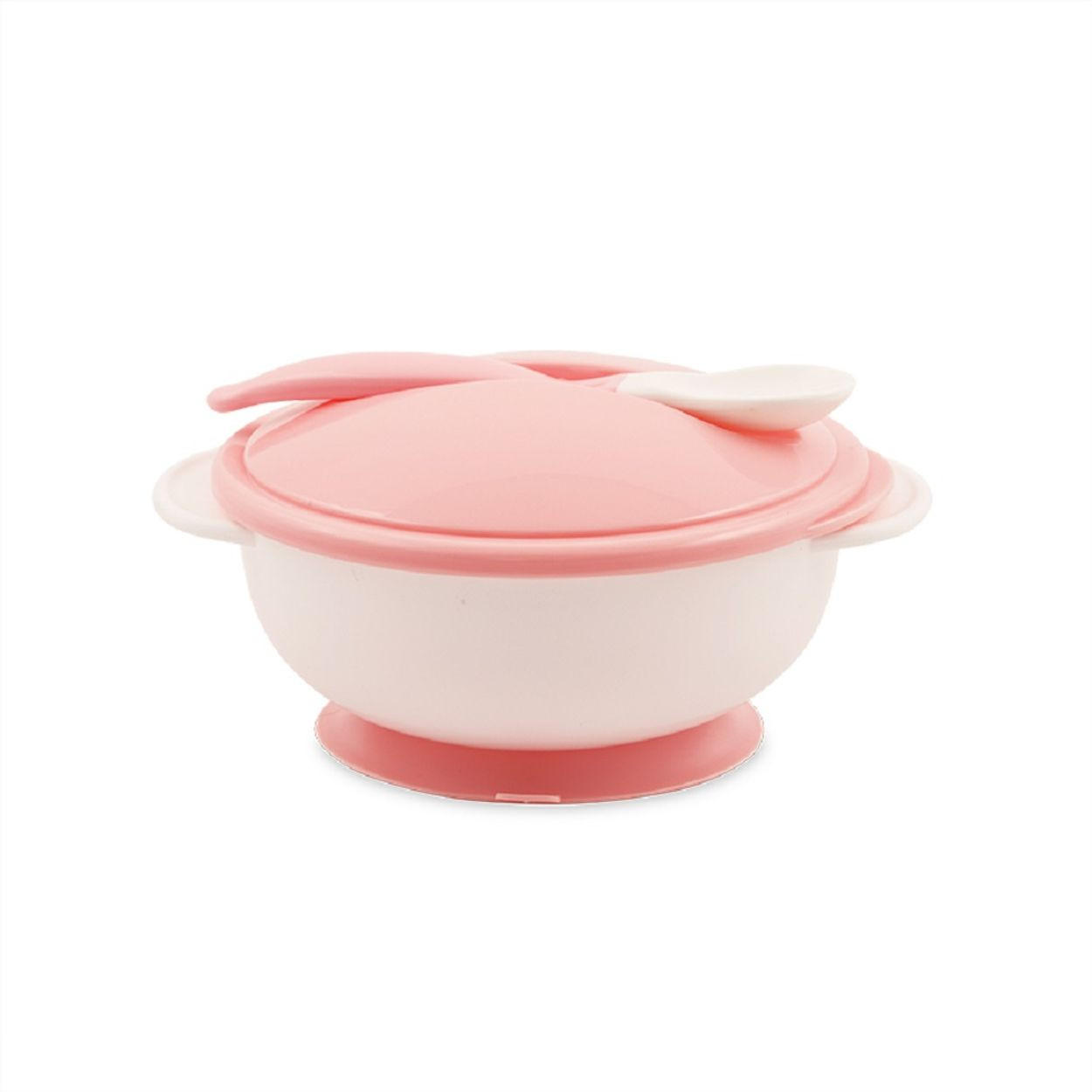 KINDERGESCHIRR Kinderschüssel mit Löffel rosa Deckel, Schutzdeckel, griff, Griffe, Saugnapf, rutschfest, 250 ml - Rosa, Kunststoff (14/7/14cm) - Lorelli