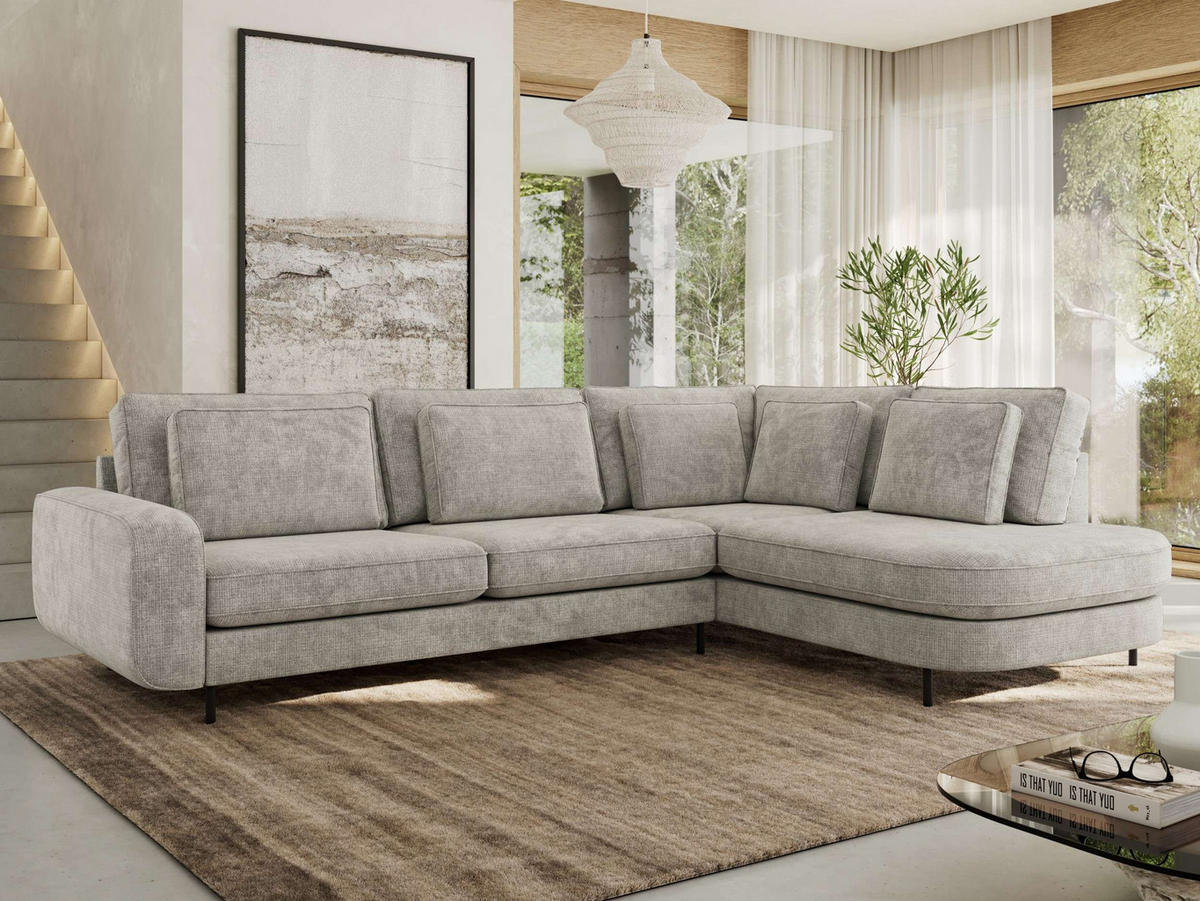 ROHOVÁ SEDAČKA CALENO L - Světle šedá hladký senil - Levá Strana - černá/světle šedá, kov/textil (317/225cm) - MKS