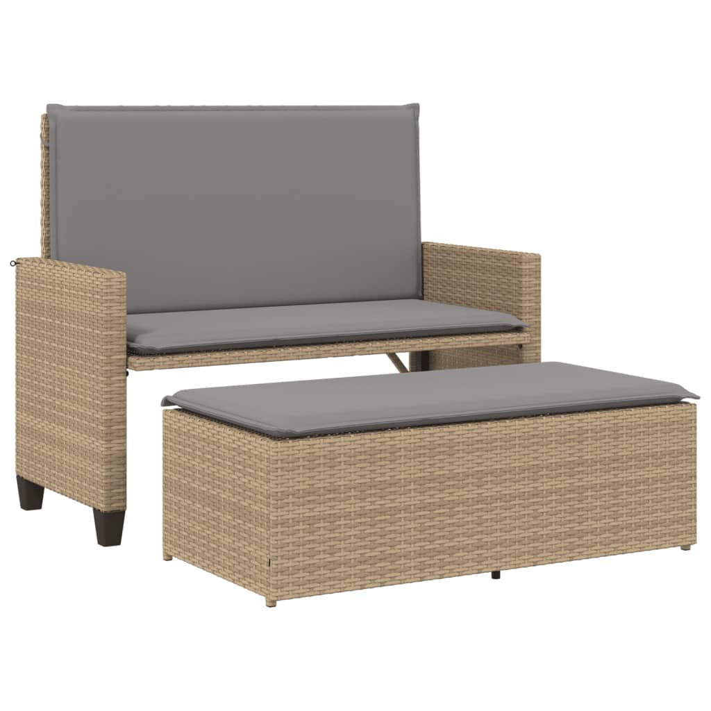 GARTENBANK mit Kissen und Hocker Beige Poly Rattan - Beige, Kunststoff (122/61.5/55cm) - furnicato