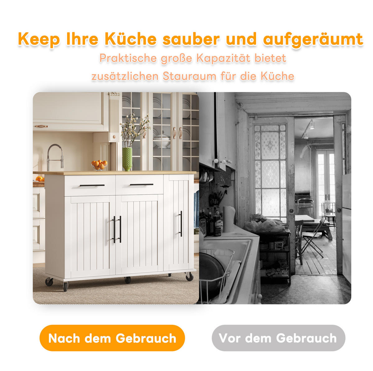KÜCHENINSEL 120/40(65)/90 cm aus MDF mit klappbarer Arbeitsplatte Weiß/Natur - Weiß, Holzwerkstoff (120/90/65cm) - Modenvie