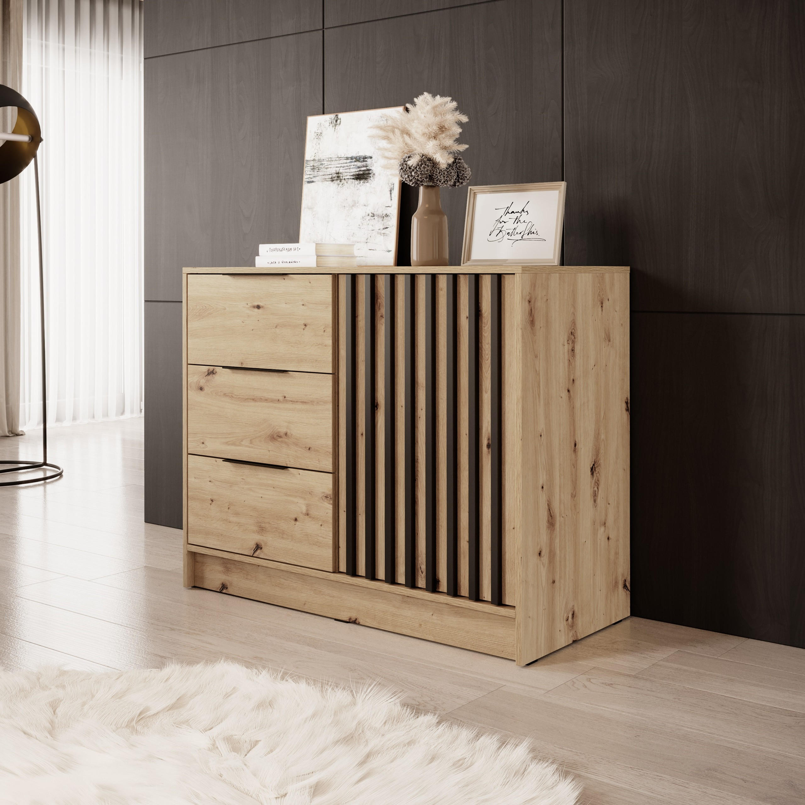 SIDEBOARD NELIANA 105/86/45cm mit 3 Schubladen 1 Türen Eiche Artisan - Eiche Artisan, Holzwerkstoff (105/86/45cm) - MASSENO