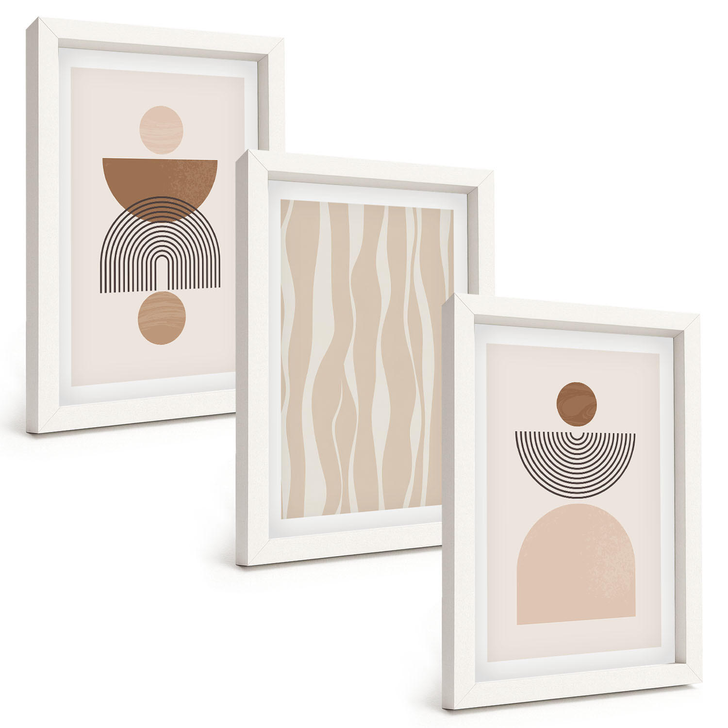 BILDER SET 3er Set - 20x30 cm Weißer Rahmen - Abstrakte Formen braun beige - Weiß, Kunststoff (20/30cm) - TULUP