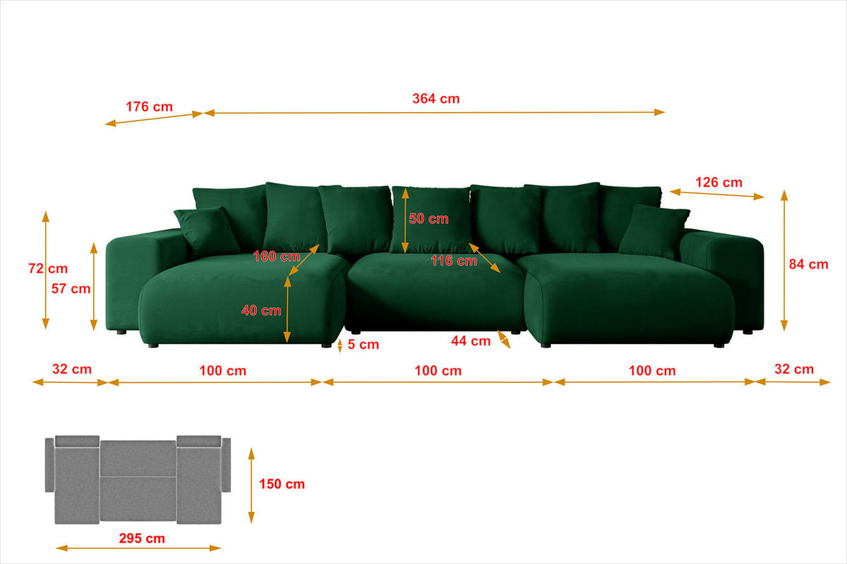 WOHNLANDSCHAFT mit Schlaffunktion ESKAR-U -364x176x84cm Grün Velours - Schwarz/Grün, Holzwerkstoff/Kunststoff (364/84/176cm) - ALTDECOR