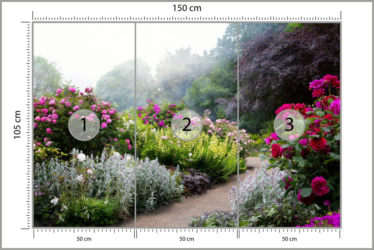 FOTOTAPETE für Schlafzimmer Bunte Blumen Waldweg Rosen Bäume 150x105 - Gelb/Violett, Papier (150/105cm) - Muralo