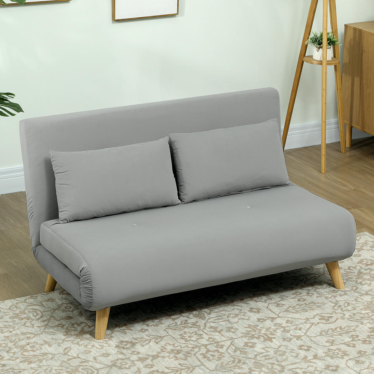 SCHLAFSOFA Sofa mit Schlaffunktion 130 X 78 cm Couch mit Lendenkissen, Hellgrau - Hellgrau/Naturfarben, Holz/Textil (78/79/130cm) - HOMCOM