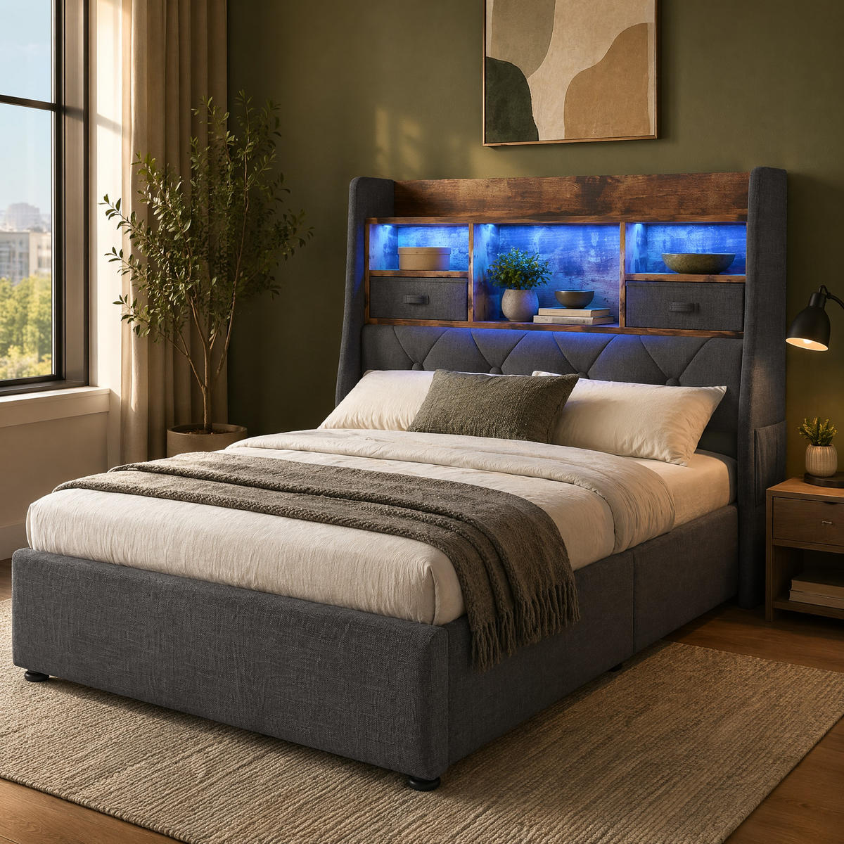 POLSTERBETT 90/200 mit Bettkasten, LED und USB in Grau - Grau, Holzwerkstoff/Textil (90/200cm) - EVRYAE
