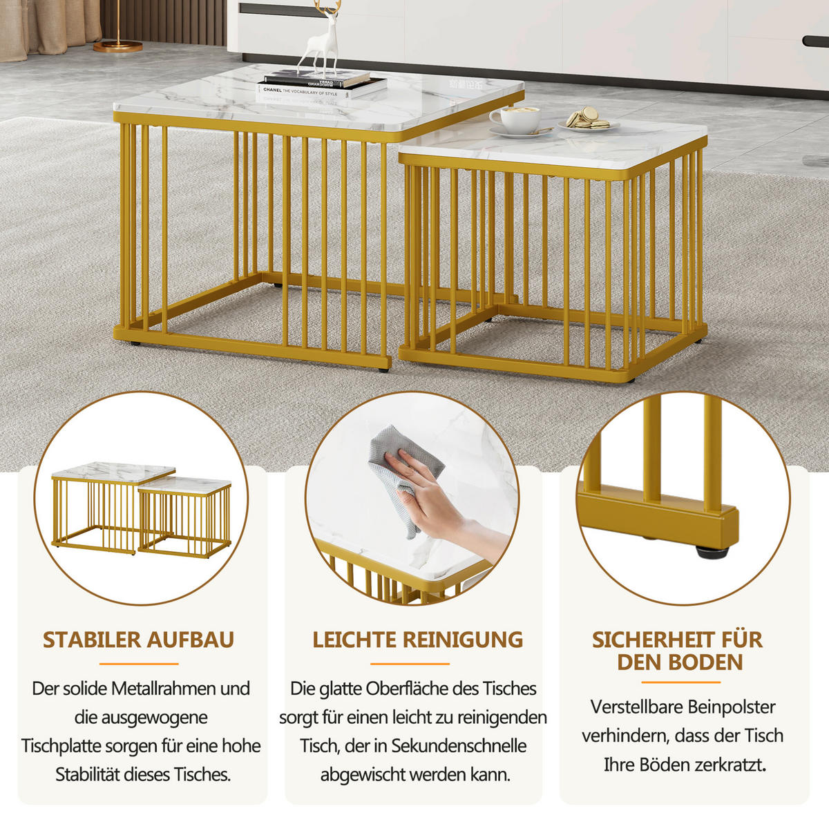 KLUBSKA miza, komplet 2 kosov, 60/60/45 in 45/45/40 cm, MDF bela v marmornem videzu - bela, leseni material (60/60/45cm) - BEAOK