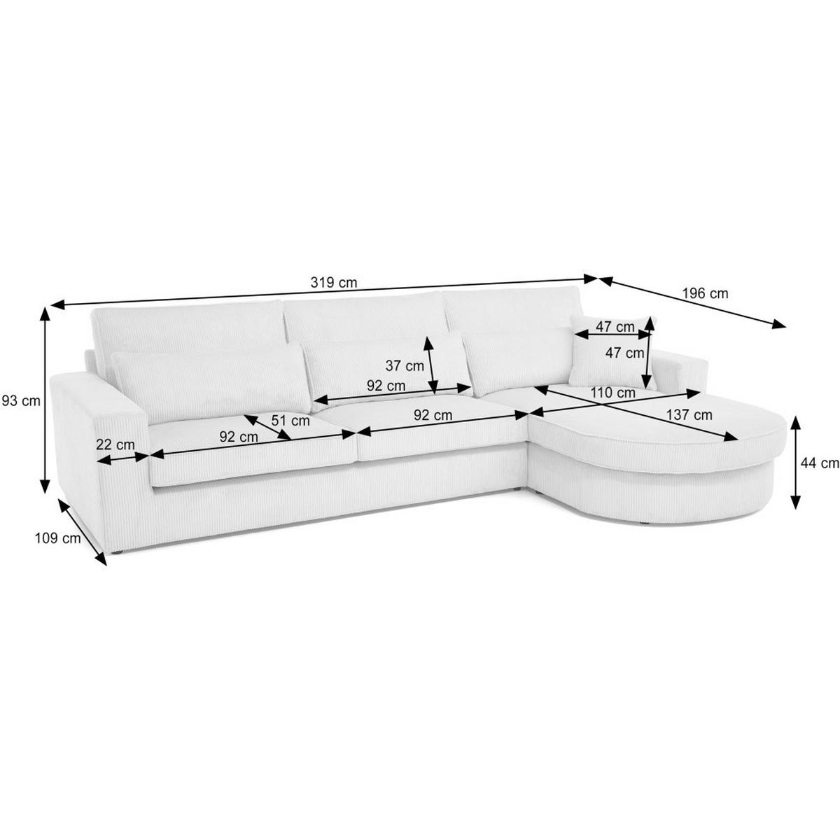 ECKSOFA Pablo ohne Schlaffunktion, mit abgerundeter Ottomane, rechts, Beige, Velourstoff - Weiß, Textil (319/196cm) - Beautysofa