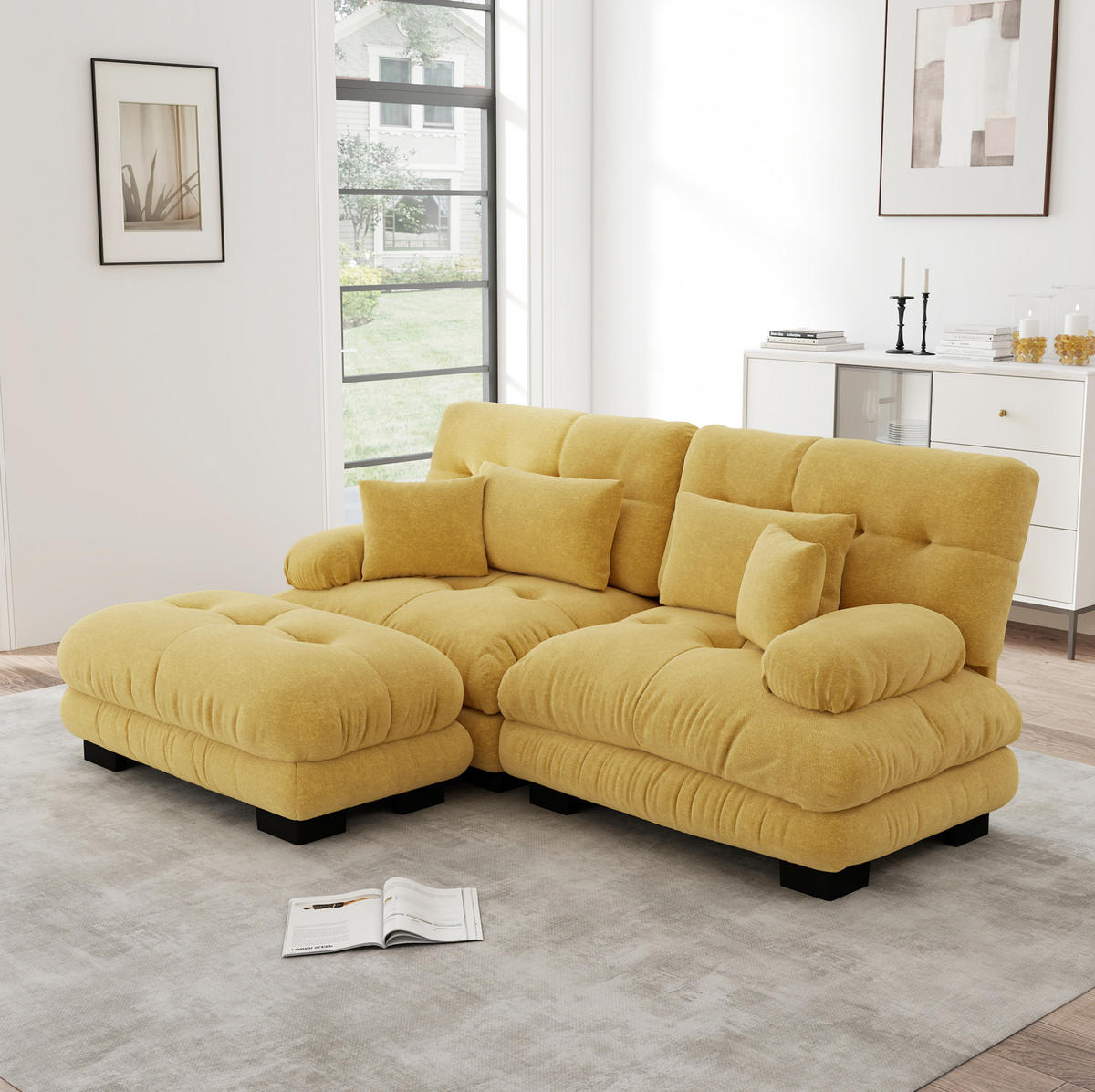 ROHOVÁ sedačka s 2 otomanmi, žltá ženilka, 220/145 cm - žltá, textil (145/220cm) - Flora Grace