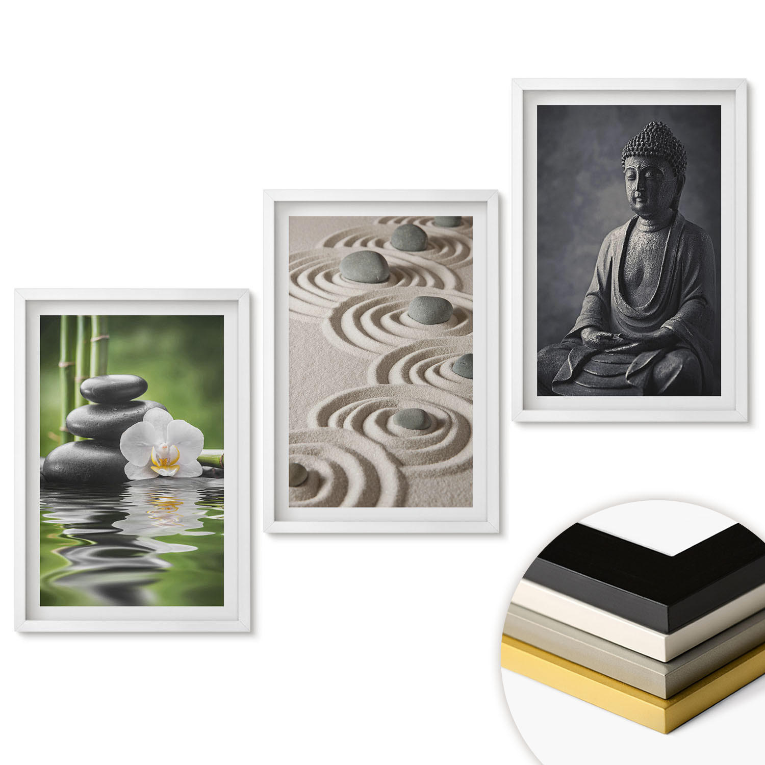 WANDBILDER 3er-Set - 40x60 cm Weißer Rahmen - Entspannender Blick auf den Zen-Buddha - Weiß, Kunststoff (40/60cm) - ArtPrintCave