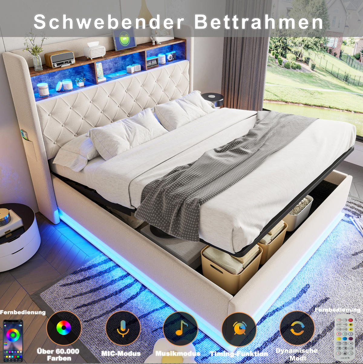 POLSTERBETT 180/200 cm Beige mit LED-Beleuchtung, USB-Anschluss und Stauraum - Beige, Textil (180/200cm) - Flora Grace