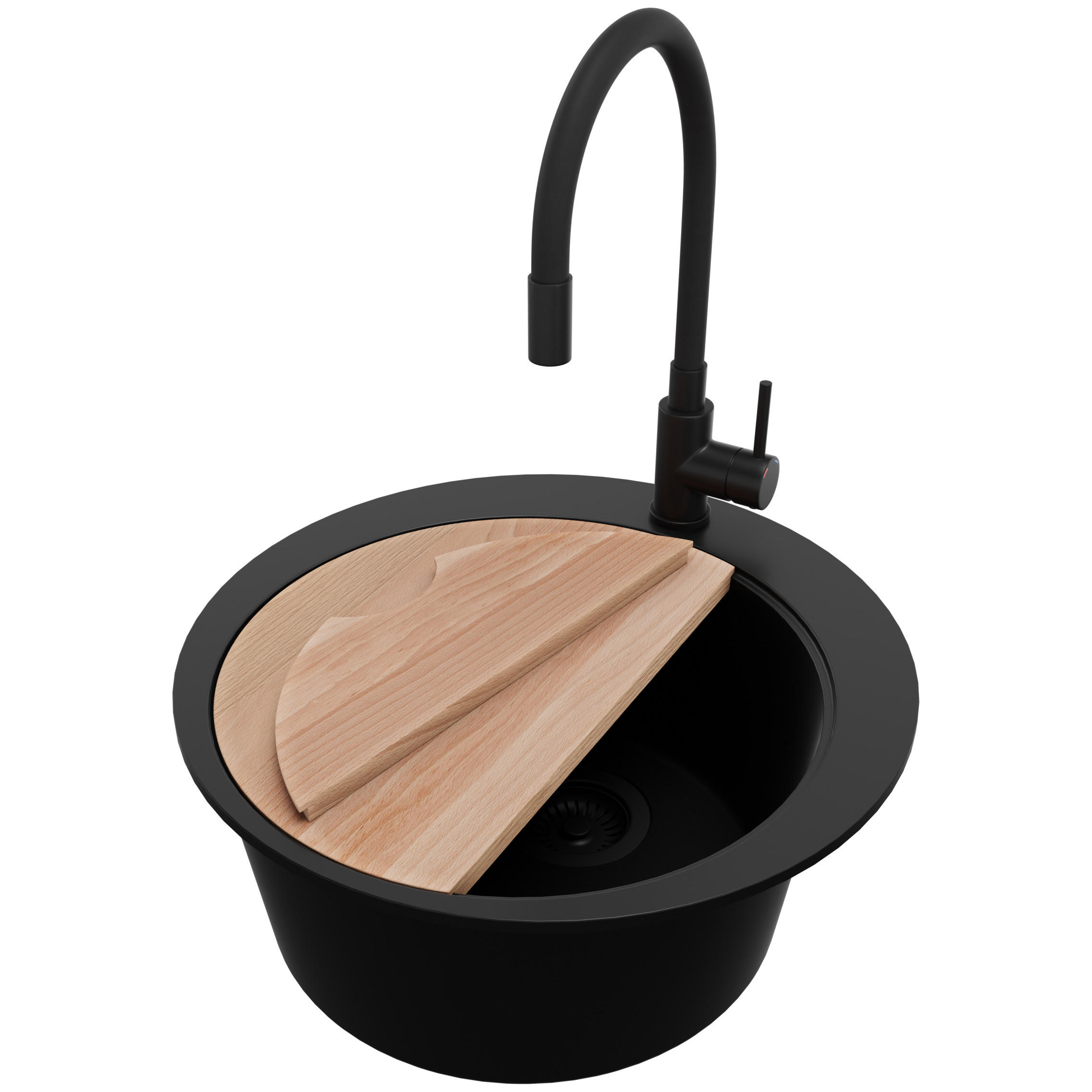 GRANITSPÜLE Pisa, 2-er set Alles Schwarz 50/50 cm 1 Becken + Küchenarmatur 40/38 cm + Ablauf-Set + Schneidebrett ab 45er Unterschrank - Beige/Schwarz, Kunststoff (50/20/50cm) - Primagran