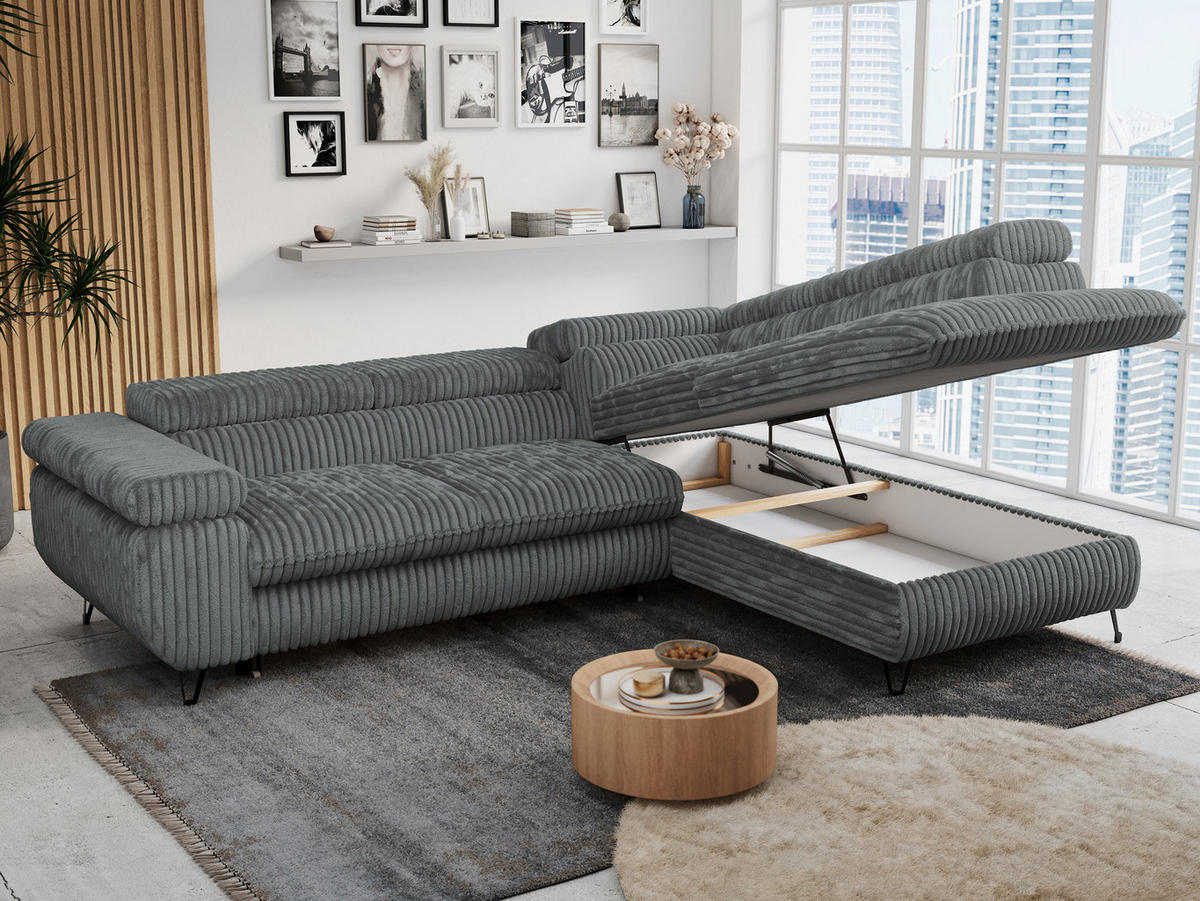 ECKSOFA PETER L Dunkelgrau Cord - Rechts Seite - Dunkelgrau/Schwarz, Textil/Metall (273/208cm) - MKS