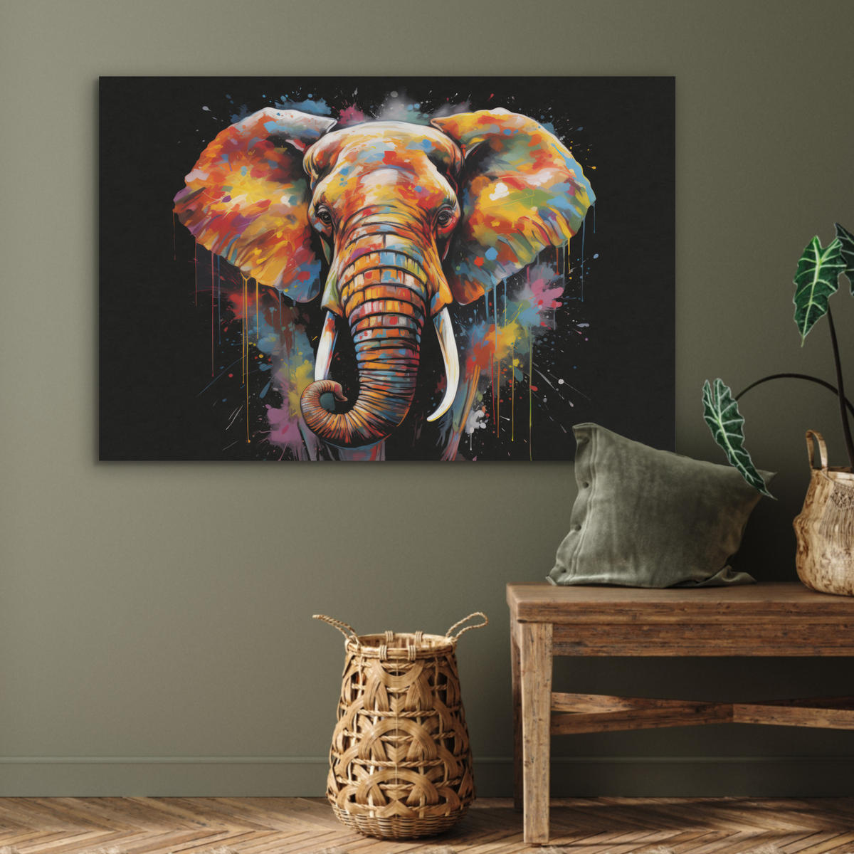 AKUSTIKPANEEL Elefant - Graffiti - Schwarz - Tiere - Farben 100x70 cm - Schwarz, Textil (100/0.9/70cm) - MuchoWow