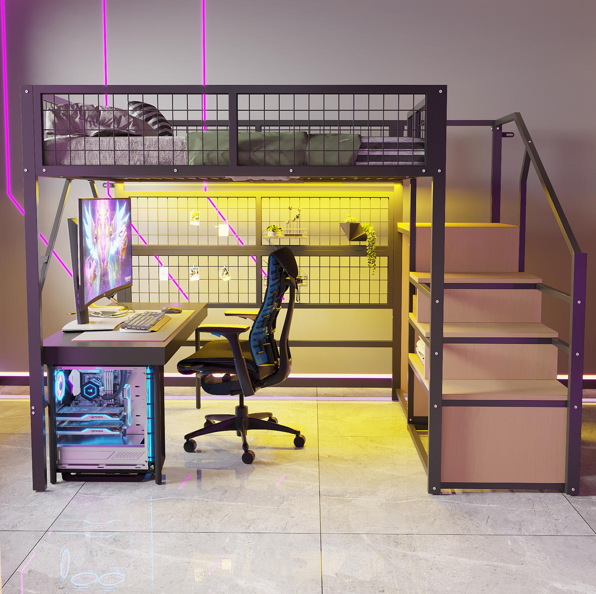 HOCHBETT aus Metall 140/200 cm mit App-gesteuerter LED-Beleuchtung, Treppe mit Stauraum und Kleiderschrank, Schwarz - Schwarz, Metall (140/200cm) - Redom